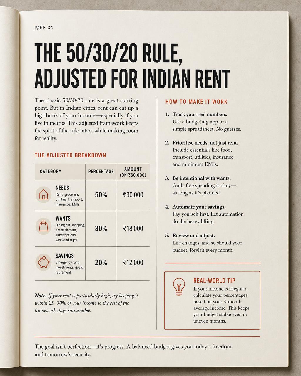 Sample page 34 from The Adulting Manual showing the adjusted 50/30/20 budget breakdown in rupees